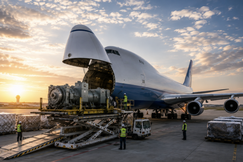 Cargo plane loading at sunrise