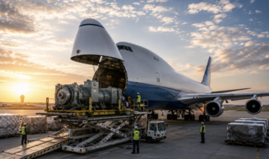 Cargo plane loading at sunrise